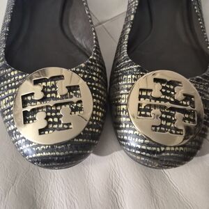 Tory Burch Women's Metallic Gold & Black Logo Ballet Flats